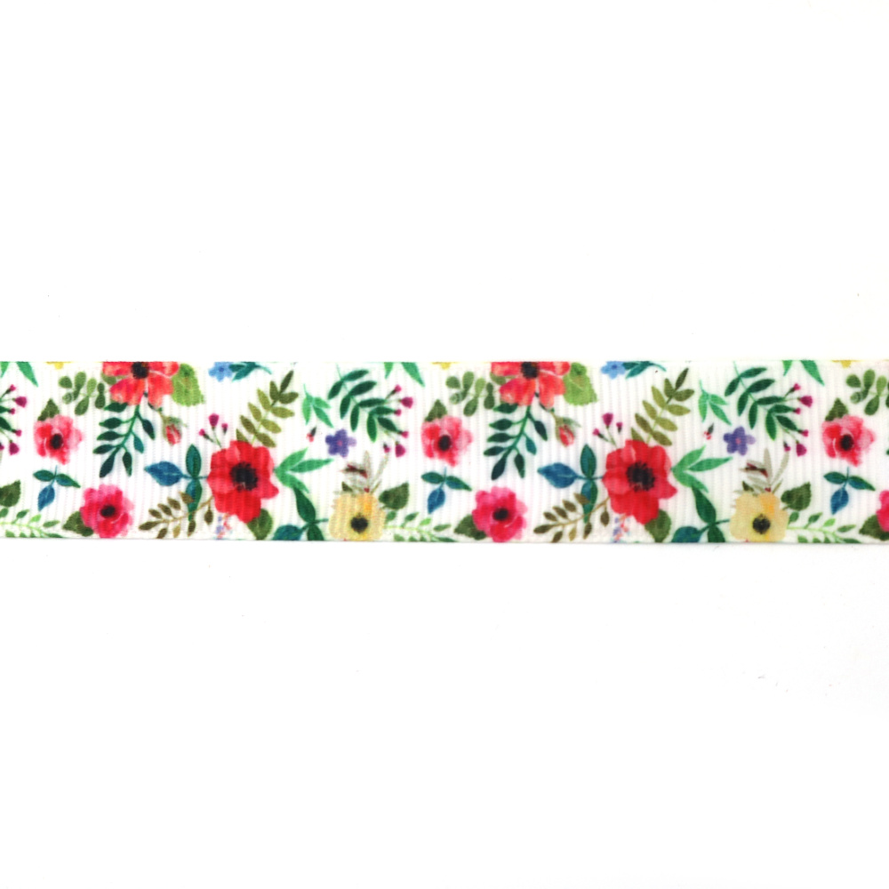 Rips-Satinband 25 mm, Weiß mit mehrfarbigem chinesischem Rosenmuster – 3 m Bastel- & Geschenkband
