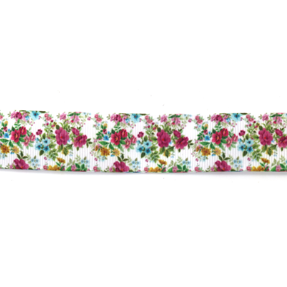 Grosgrain-Satinband (Ripsband) Dekoband 25 mm, Weiß mit kleinen Rosen und Wildblumen – 3 m