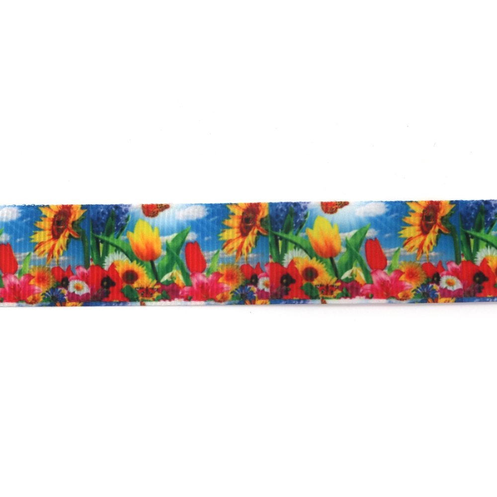 Nastro grosgrain satinato 25 mm, motivo girasoli e tulipani - 3 m