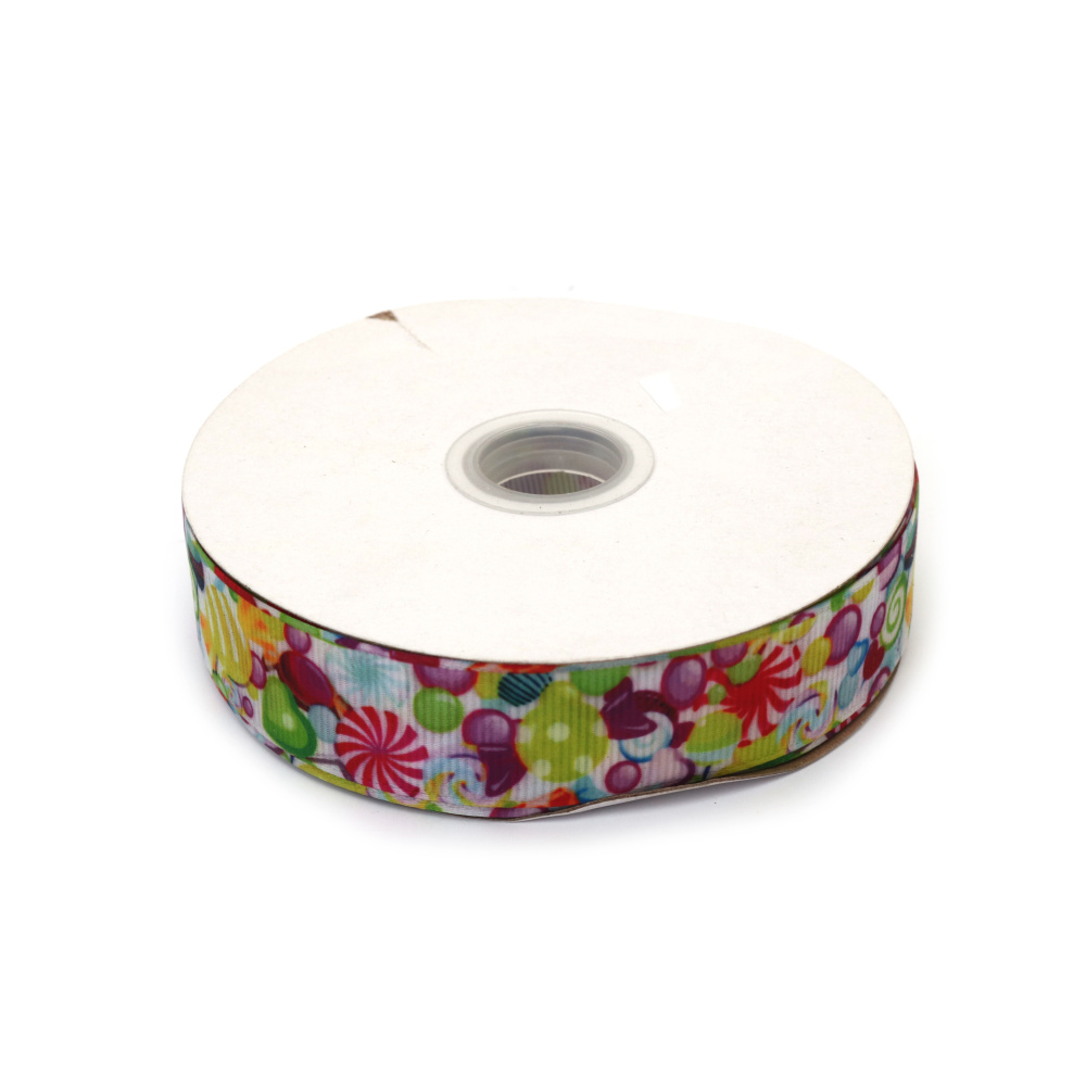 Nastro Grosgrain Satinato 25 mm, bianco con stampa di caramelle e lecca-lecca multicolori - 3 metri
