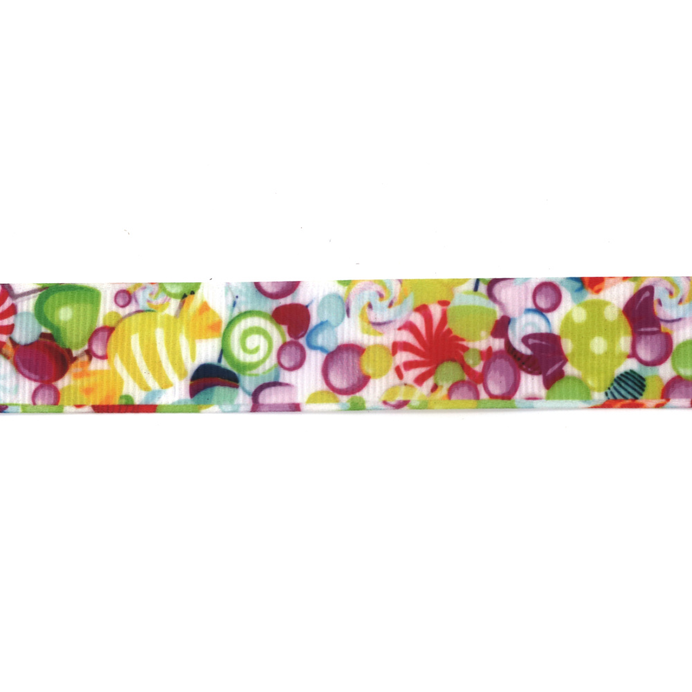 Nastro Grosgrain Satinato 25 mm, bianco con stampa di caramelle e lecca-lecca multicolori - 3 metri