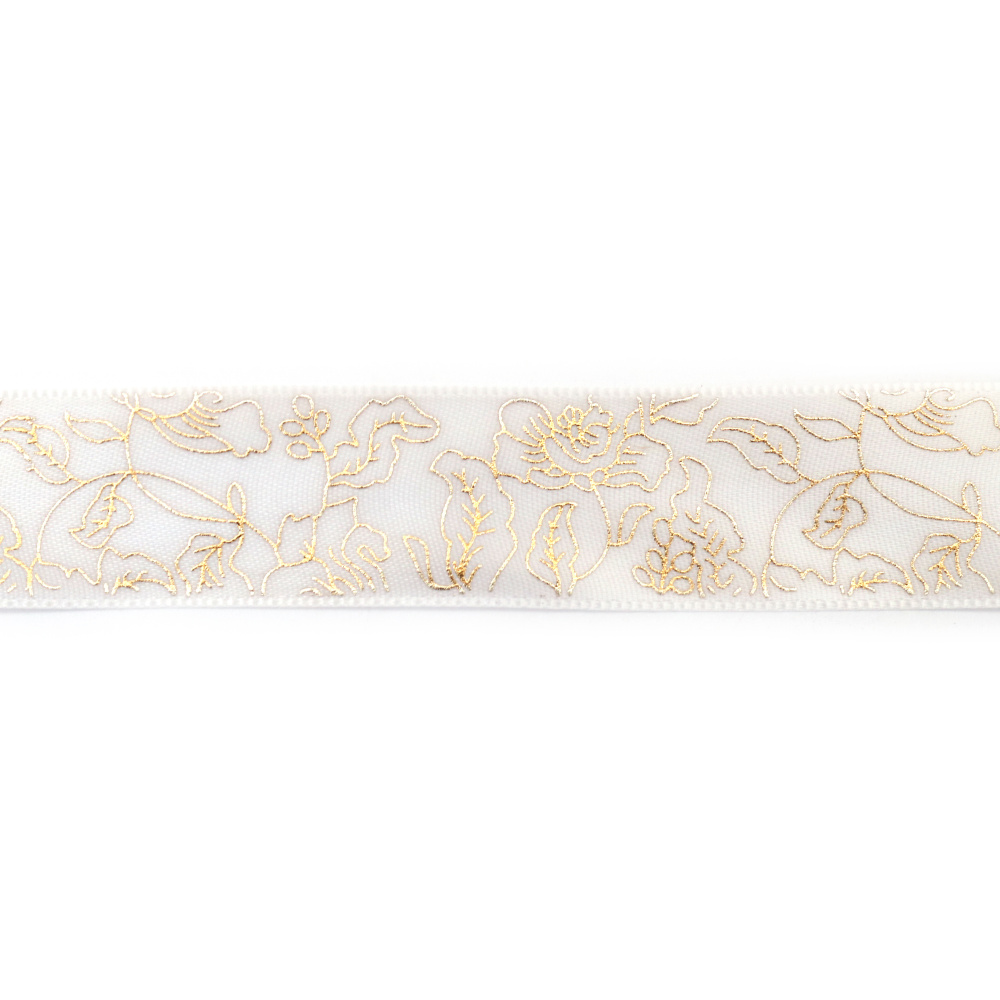 Satinband 25 mm, weiß mit goldfarbenem Blumenmuster – 3 Meter