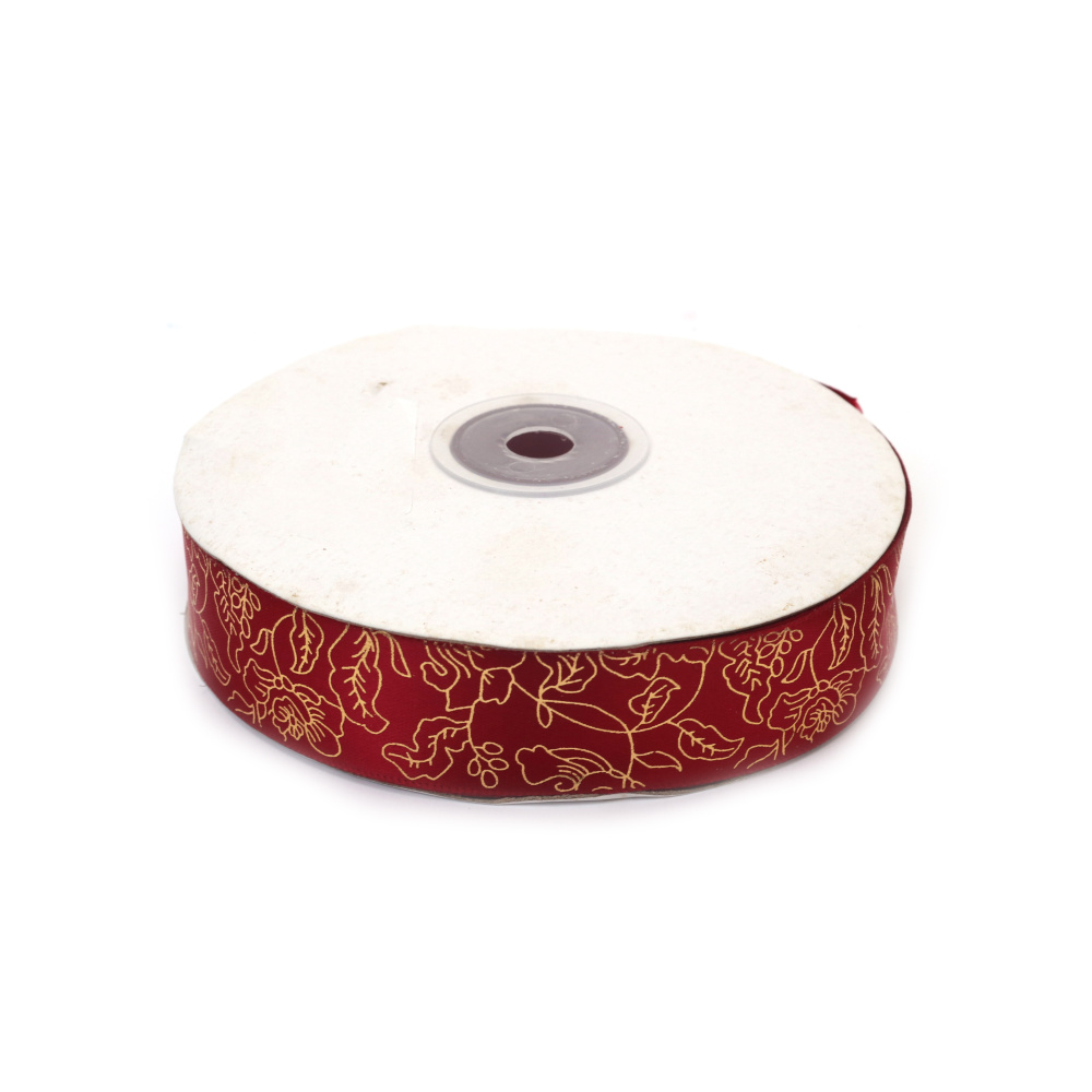 Satinband 25 mm, Rot mit goldfarbenem Blumenmuster - 3 m