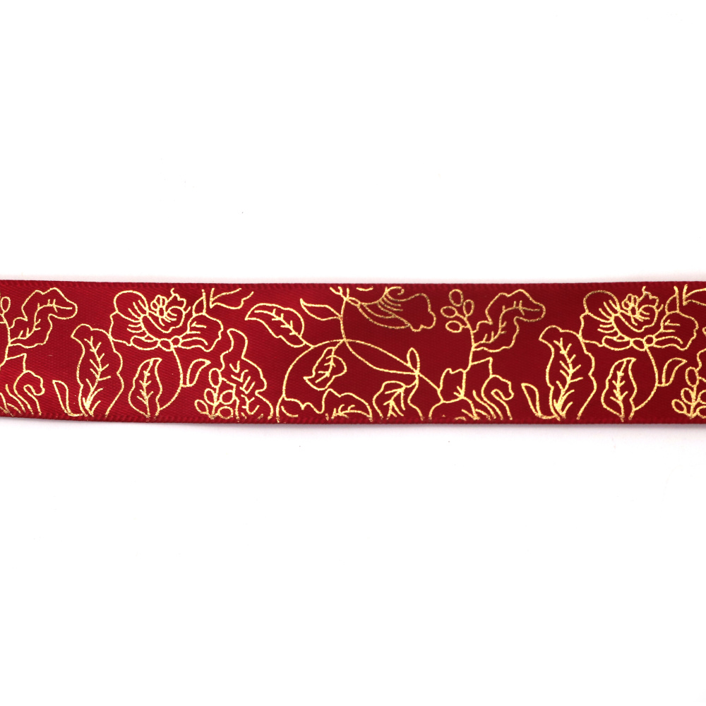 Satinband 25 mm, Rot mit goldfarbenem Blumenmuster - 3 m