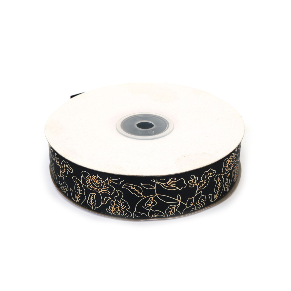 Premium Schwarzes Satinband, 25 mm x 3 m (1 Zoll x 9,8 Fuß) – metallic-goldfarbenes Blumenmuster für Geschenkverpackungen, Schleifen, Basteln, Scrapbooking & Hochzeitsdeko