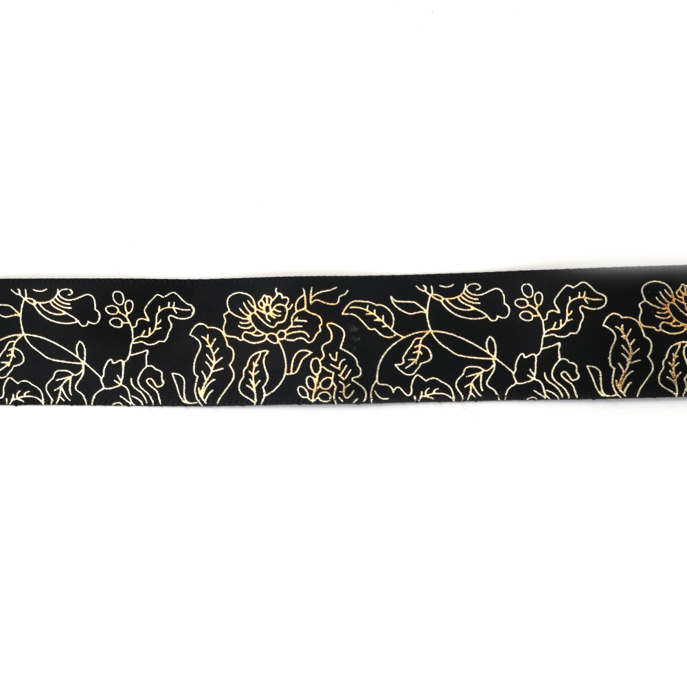 Premium Schwarzes Satinband, 25 mm x 3 m (1 Zoll x 9,8 Fuß) – metallic-goldfarbenes Blumenmuster für Geschenkverpackungen, Schleifen, Basteln, Scrapbooking & Hochzeitsdeko