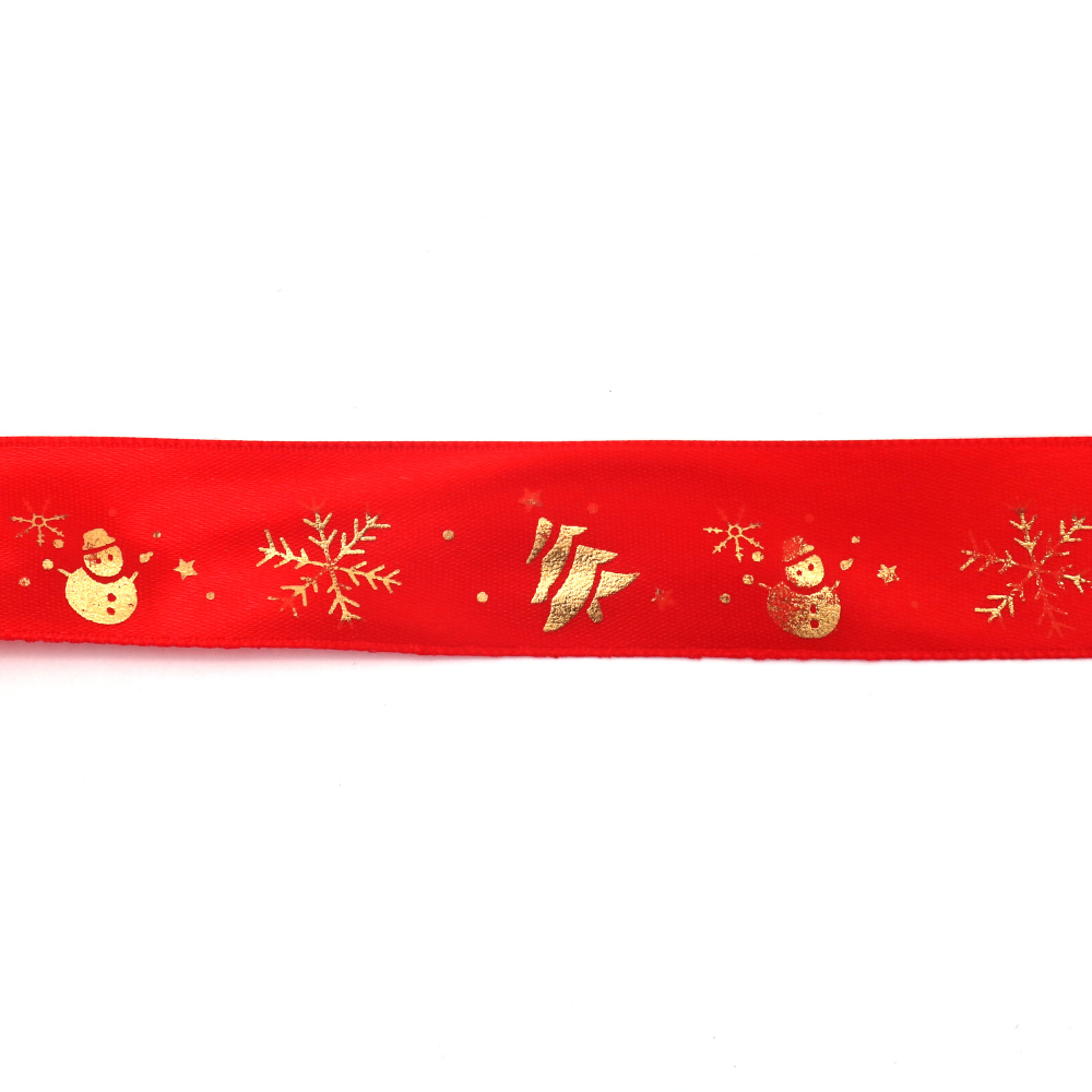 Satinband 25 mm, Rot mit goldfarbenem Weihnachtsfiguren-Druck – 3 m
