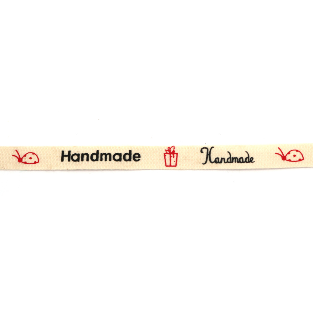 Satin-Ripsband (Grosgrain) 10 mm, hellbeige mit ’Handmade’-Aufdruck und Symbolen – 3 m