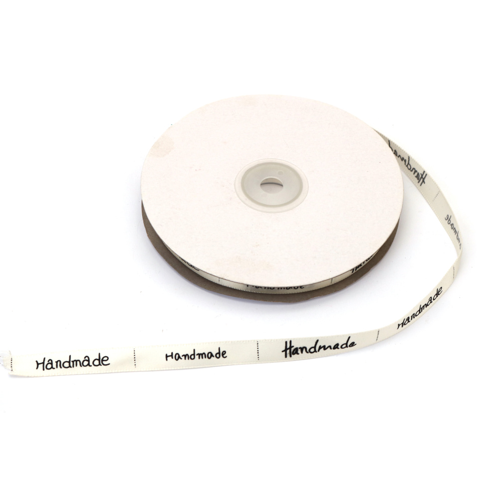 Nastro in raso 10 mm colore champagne con scritta “Handmade“ - 5 metri, per fai da te e hobby creativi