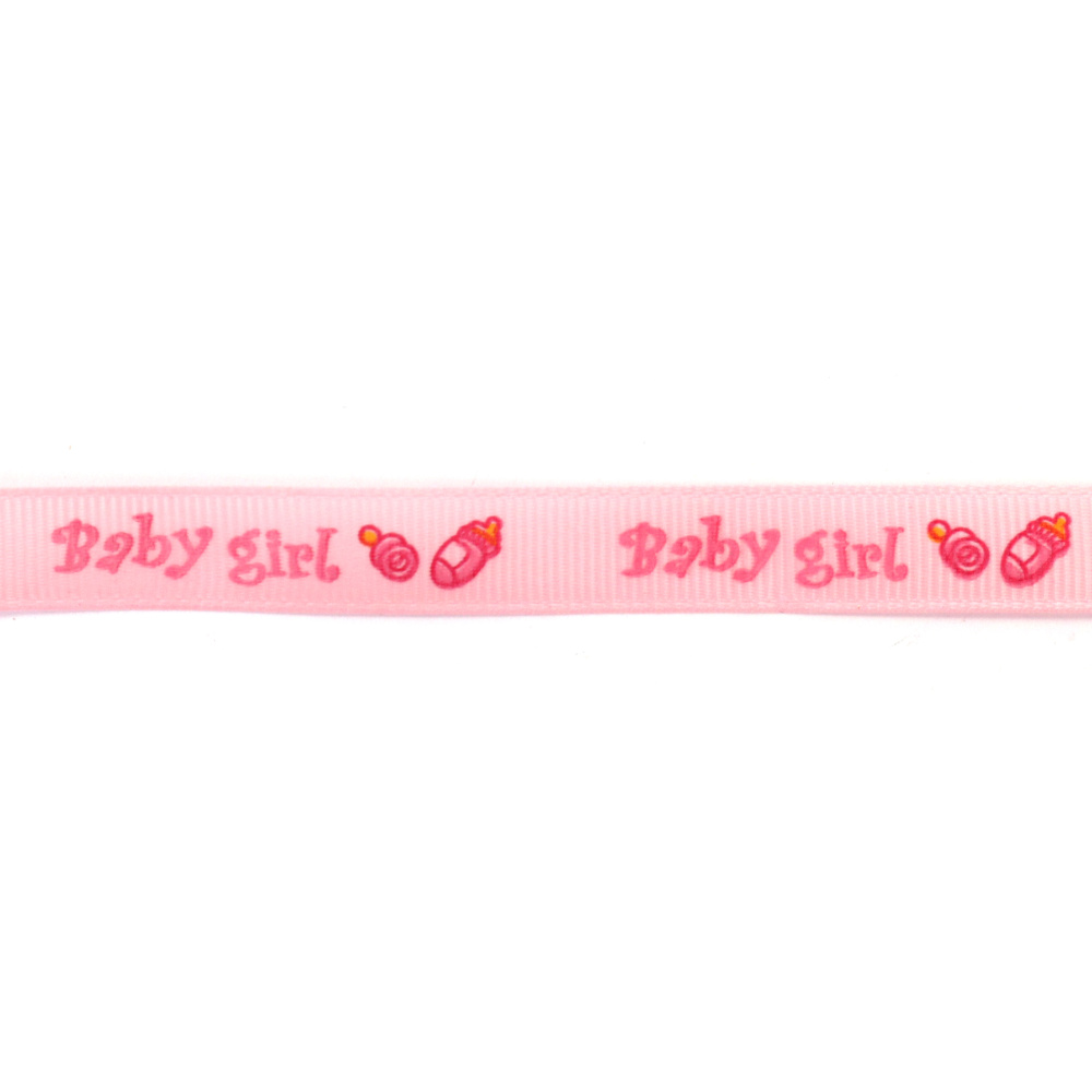 Nastro grosgrain in raso 10 mm, rosa con scritta “Baby Girl“ - 5 metri
