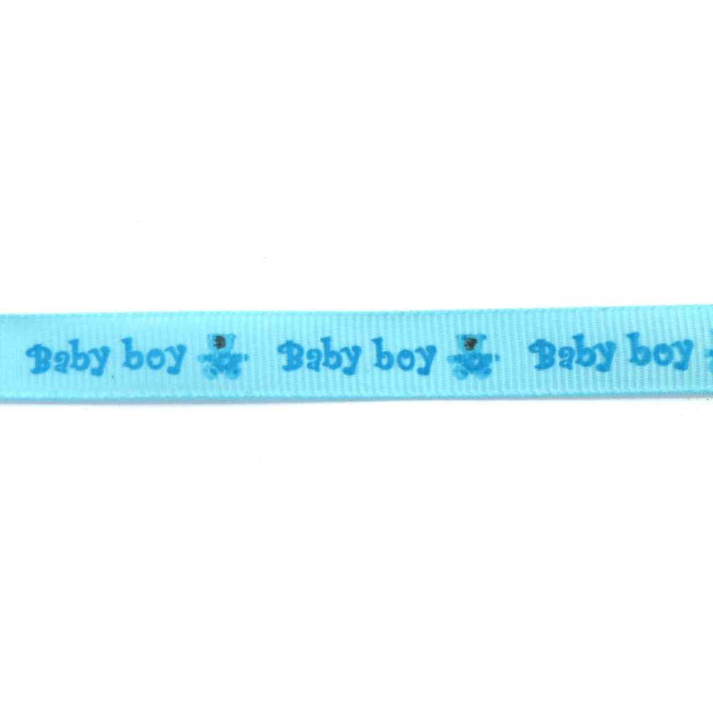 Nastro grosgrain satinato 10 mm, azzurro chiaro con scritta ’Baby Boy’ - 5 metri