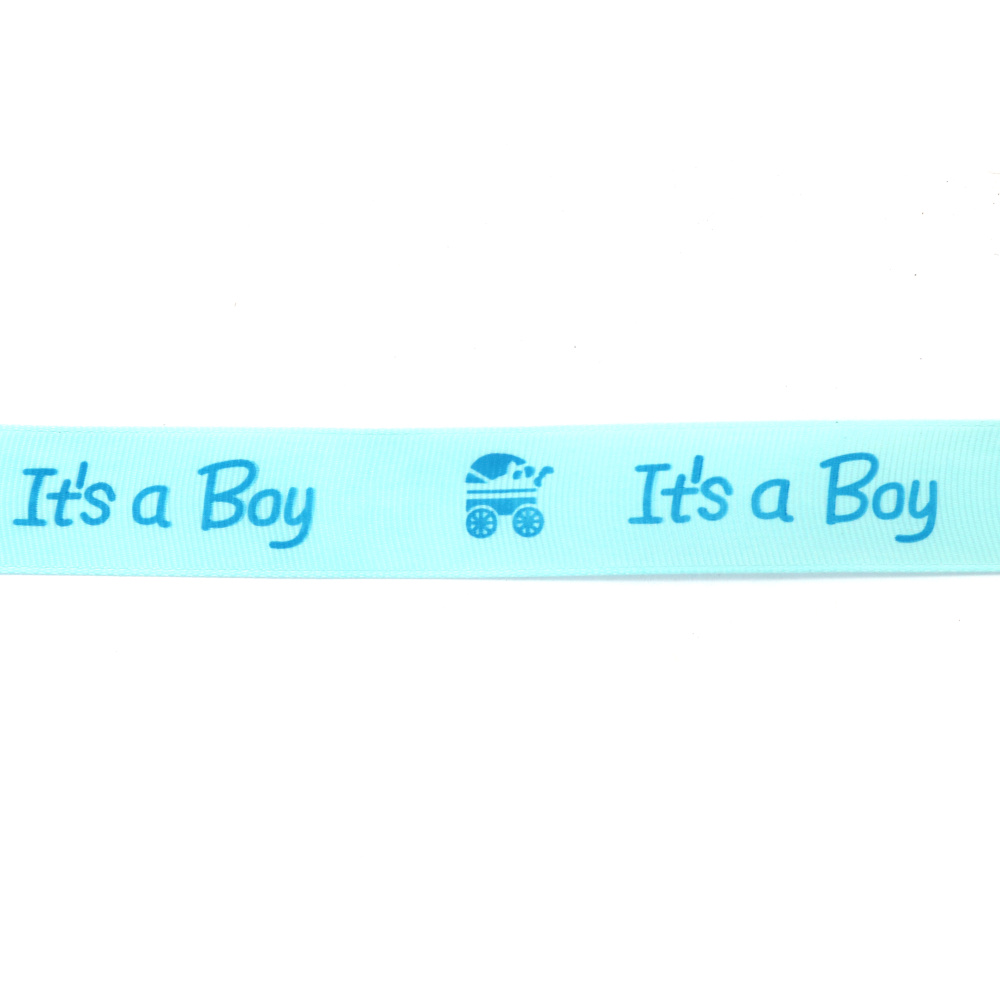 Nastro gros grain satinato 25 mm, celeste con scritta “Baby Boy“ - 3 metri