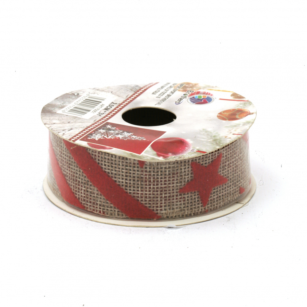 Burlap Ribbon 25 mm, Natural Color, With Red Patterns - 2.7 meters