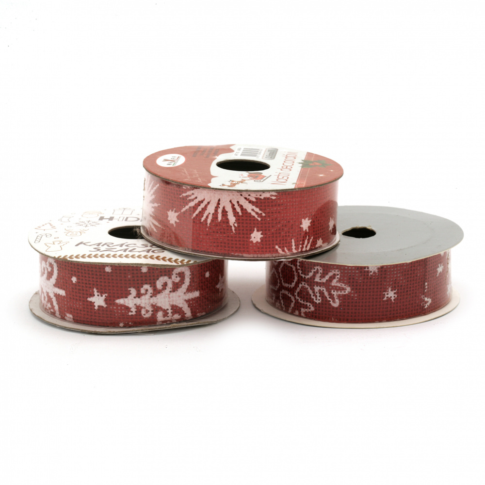 Burlap Ribbon 25 mm, Red Color, With Patterned White Christmas Motifs - 2.7 meters