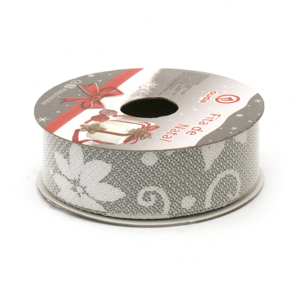 Textile Ribbon 25 mm, Silver Color and White Patterns - 2.70 meters