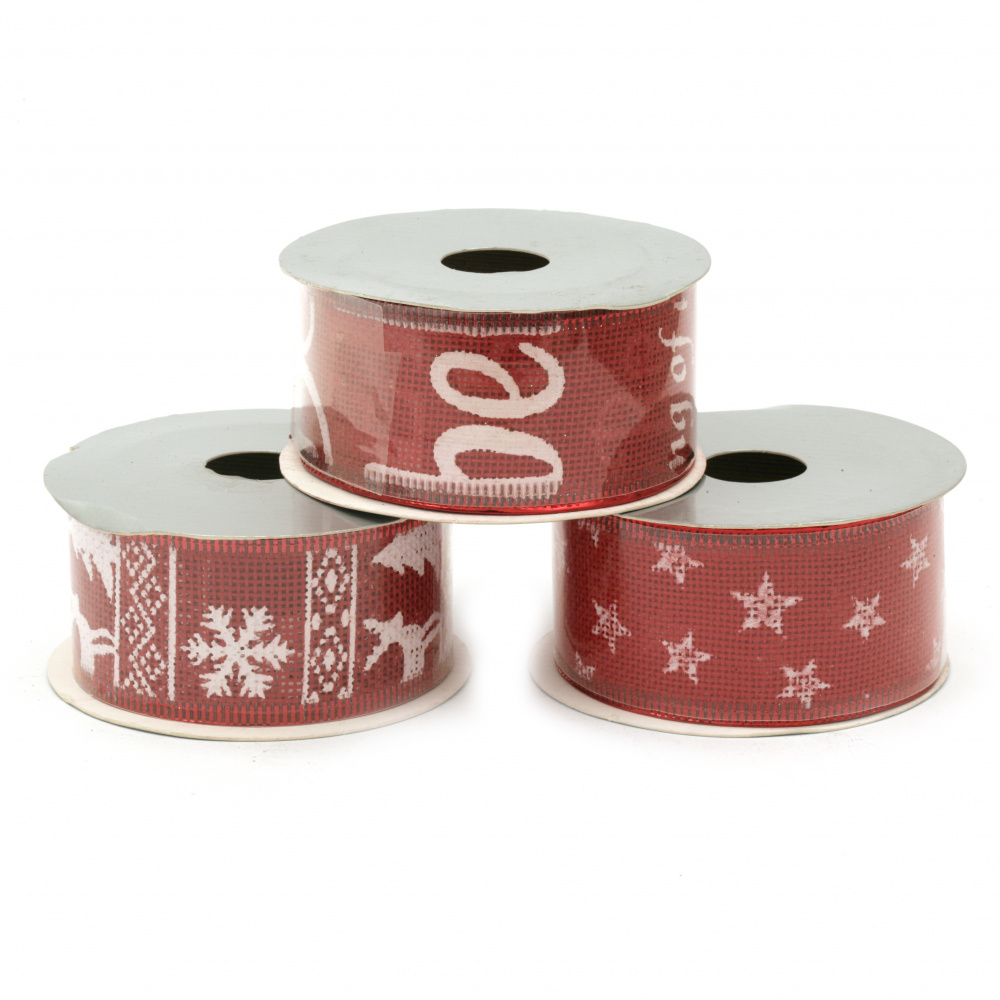 Burlap Ribbon 38 mm with aluminum edging, Red Color & printed Christmas motifs ASSORTED -2.7 meters
