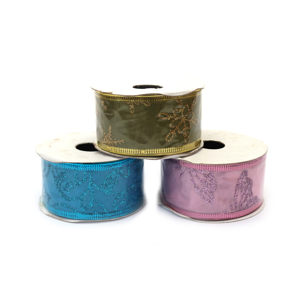 Fabric Ribbon with Aluminum Edging and Glitter Print / 38 mm  ASSORTED - 2.70 meters