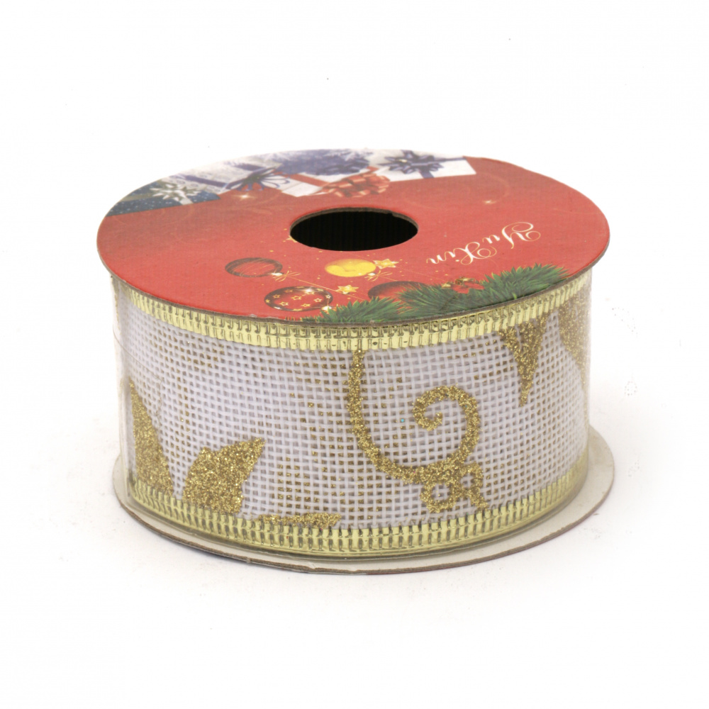 Burlap Ribbon 38 mm with Aluminum Edging, Color White, with Gold Glitter Patterned Christmas Motifs - 2.7 meters