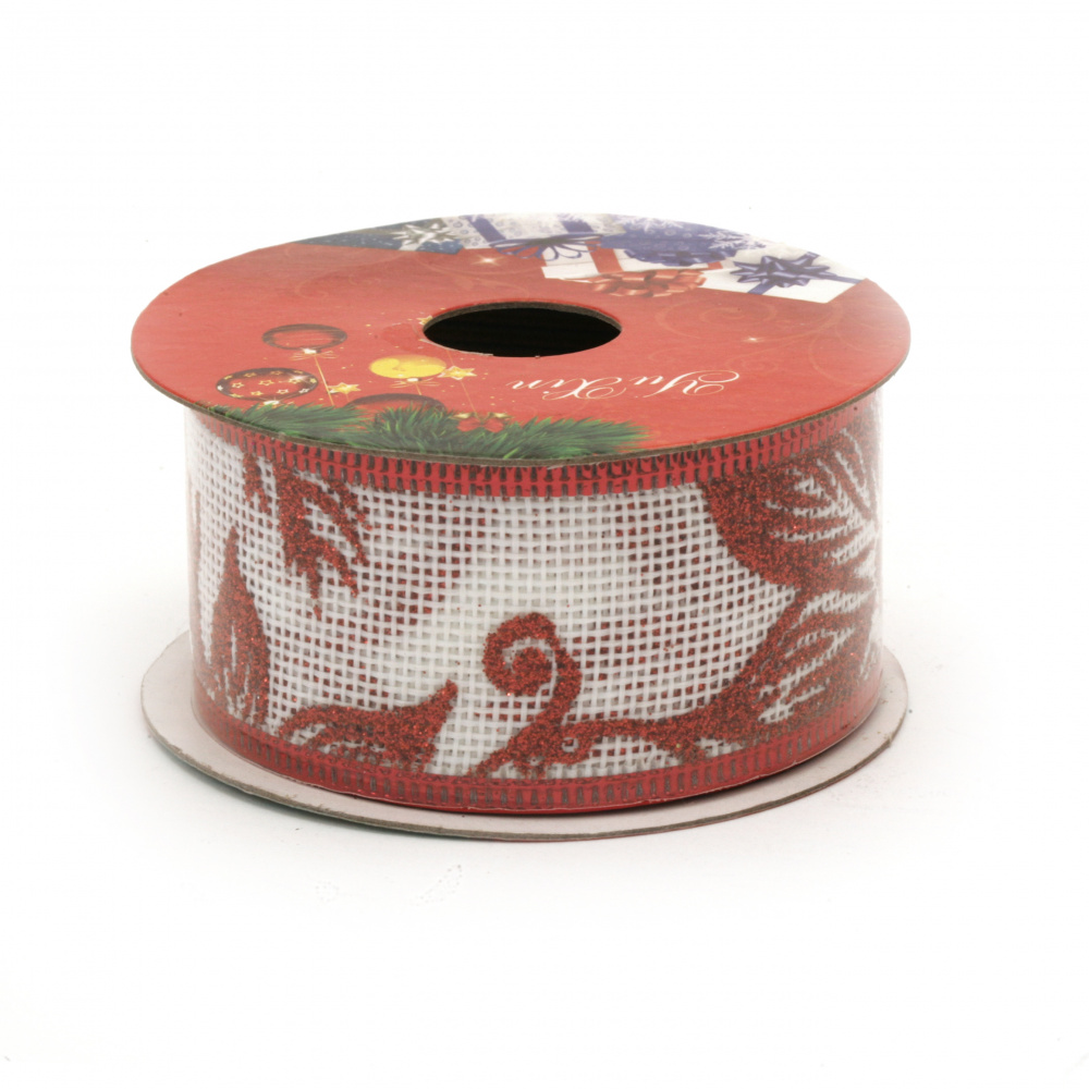 Burlap Ribbon 38 mm with Aluminum Edging, Color White, with Red Glitter Patterned Christmas Motifs - 2.7 meters