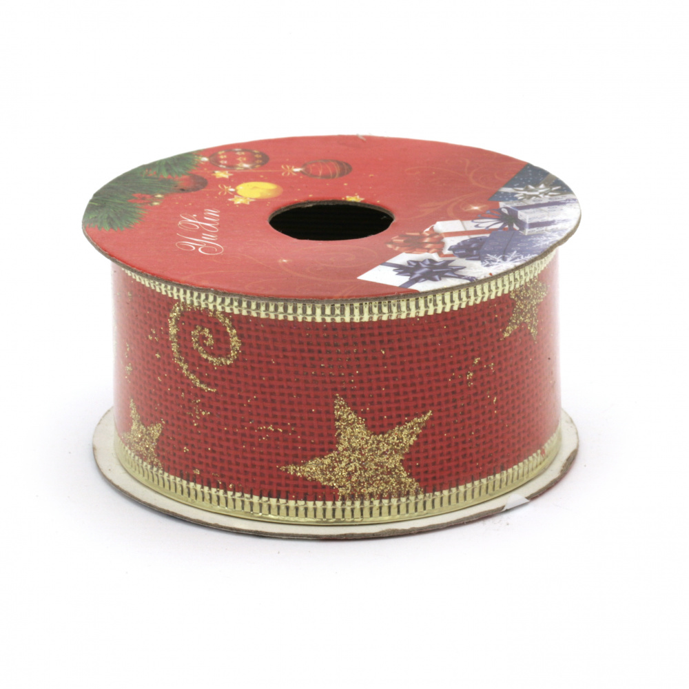 Burlap Ribbon 38 mm with Aluminum Edging, Color Red, with Gold Glitter Patterned Christmas Motifs - 2.7 meters