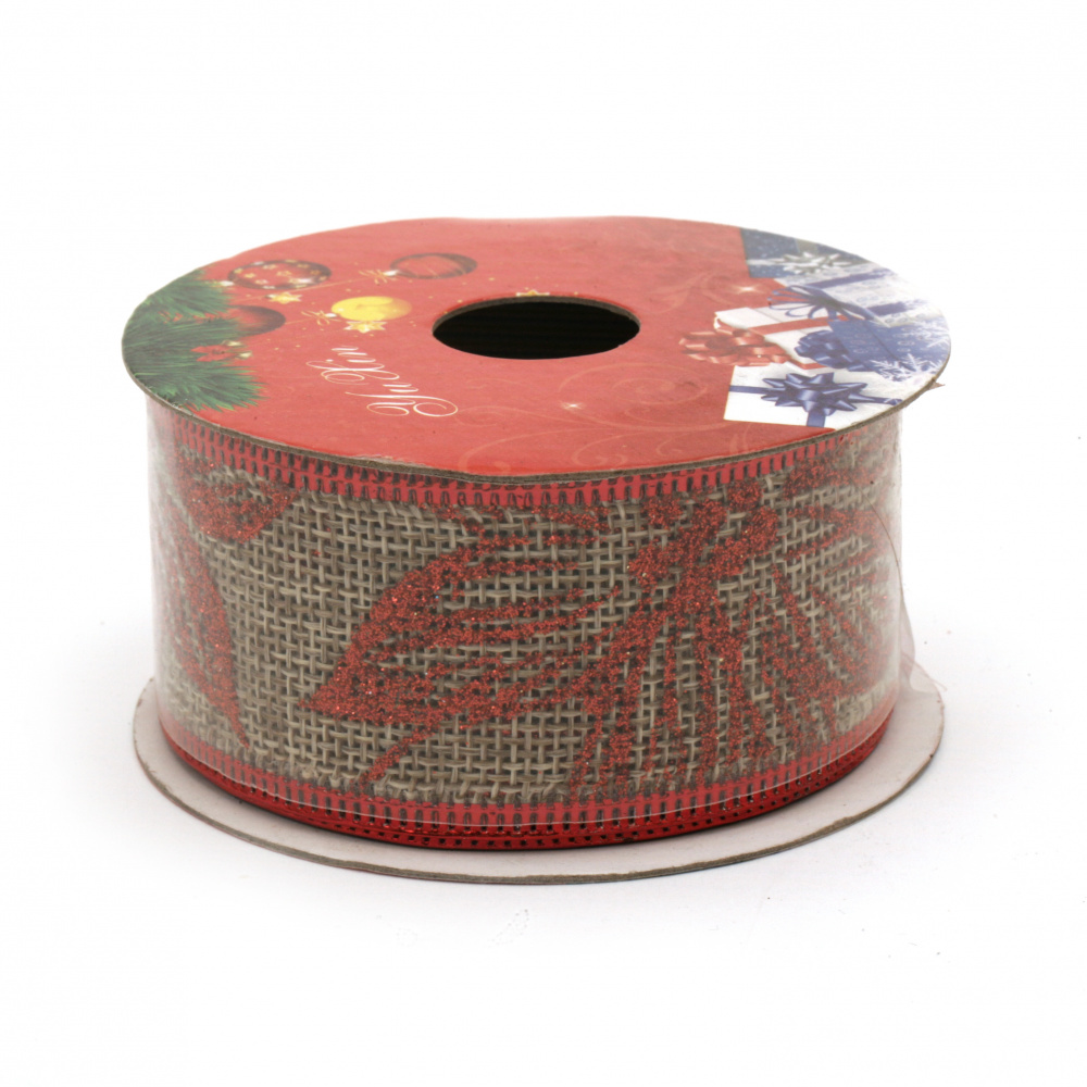 Bandă pânză de sac 38 mm cu margine din aluminiu culoare naturală cu imprimeu brocart roșu motive de Crăciun -2,7 metri