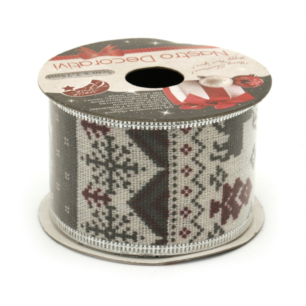 Burlap Ribbon 50 mm with Aluminum Edging &  White Christmas Motif Patterns - 2.7 meters