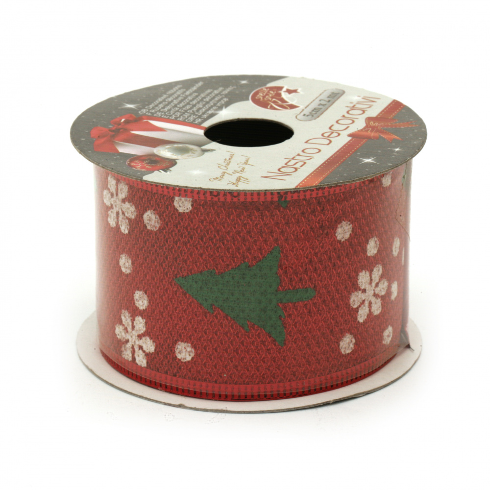 Burlap Ribbon 50 mm with Aluminum Edging / Wired Edge, Color Red with Christmas Tree Print - 2.7 meters