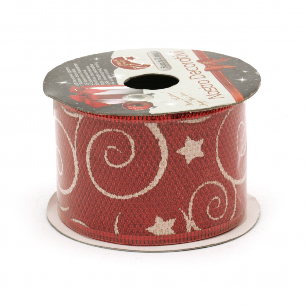 Burlap Ribbon 50 mm, with Wired Edge, Color Red, With printed Christmas motifs Pattern - 2.7 meters