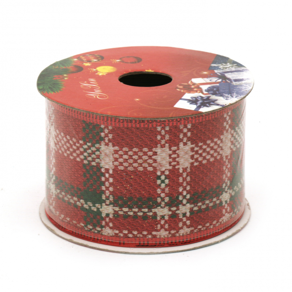 Bandă de sac 50 mm cu margine din aluminiu culoare roșu cu imprimeu pătrat de Crăciun -2,7 metri