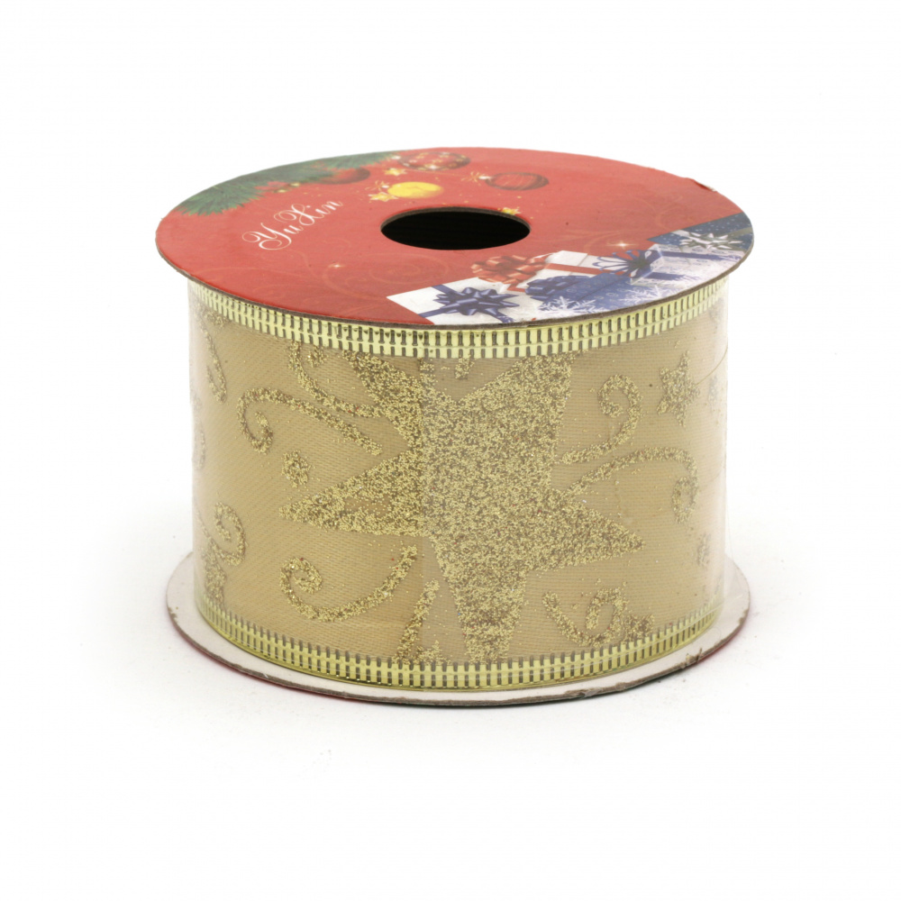 Textile Ribbon 50 mm, Gold Color, with Wired Edge and Golden Glitter Patterned Christmas motifs - 2.70 meters