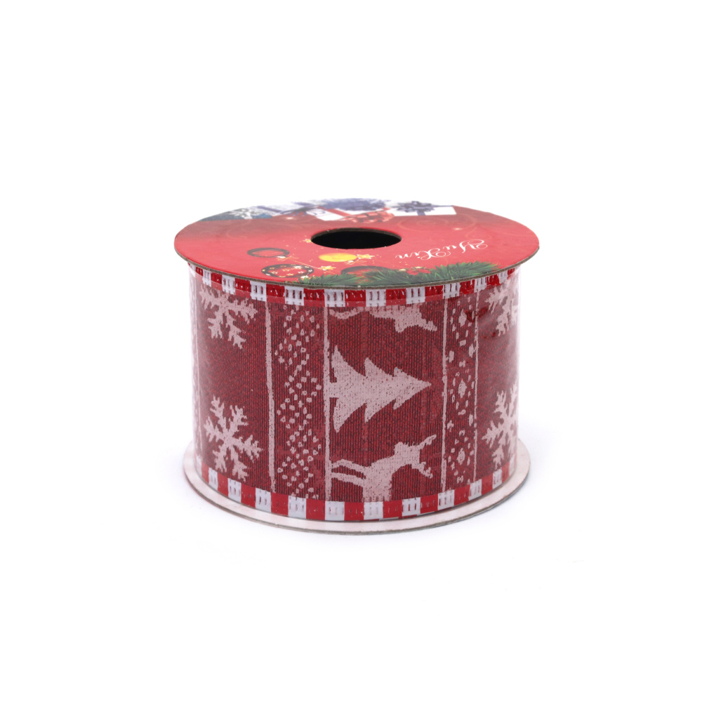 Fabric Christmas Ribbon 50 mm / Red with Aluminum Edging and Printed Motives - 2.70 meters