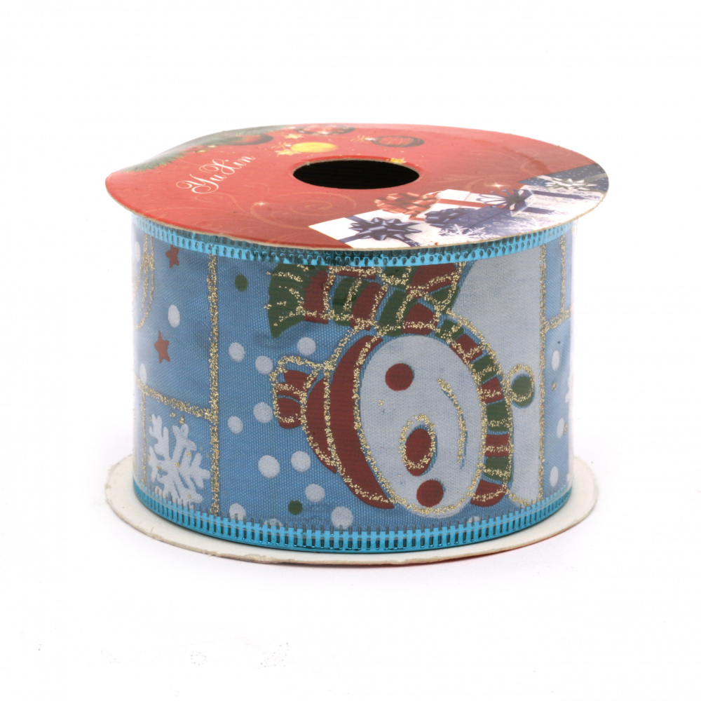 Textile Ribbon 50 mm, Color Blue, with Wired Edge and Colorful Pattern with Glitter & Christmas motifs - 2.70 meters