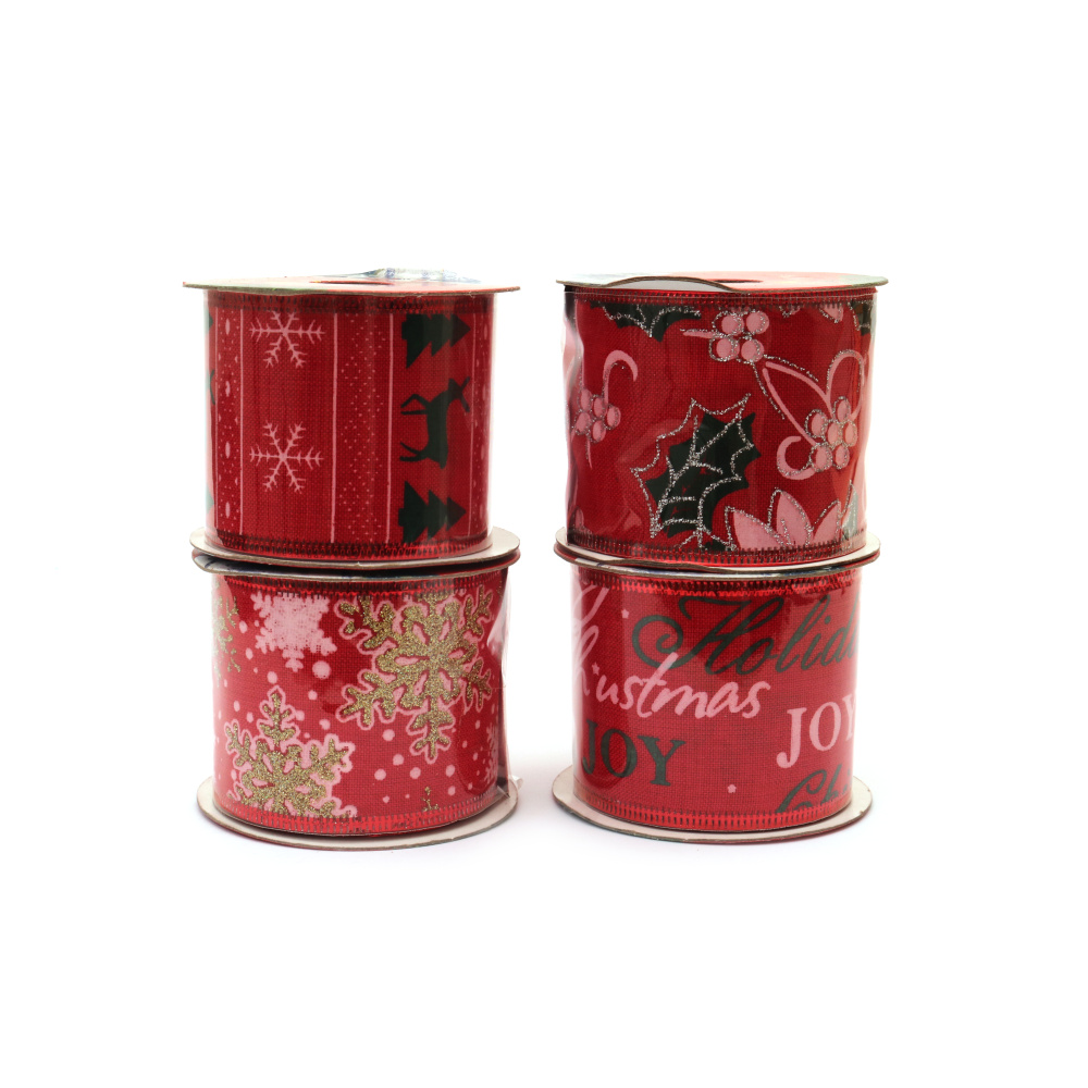 Fabric Ribbon 60 mm / Red with Aluminum Edging and Colorful Christmas Glitter Print /  ASSORTED - 2.7 meters