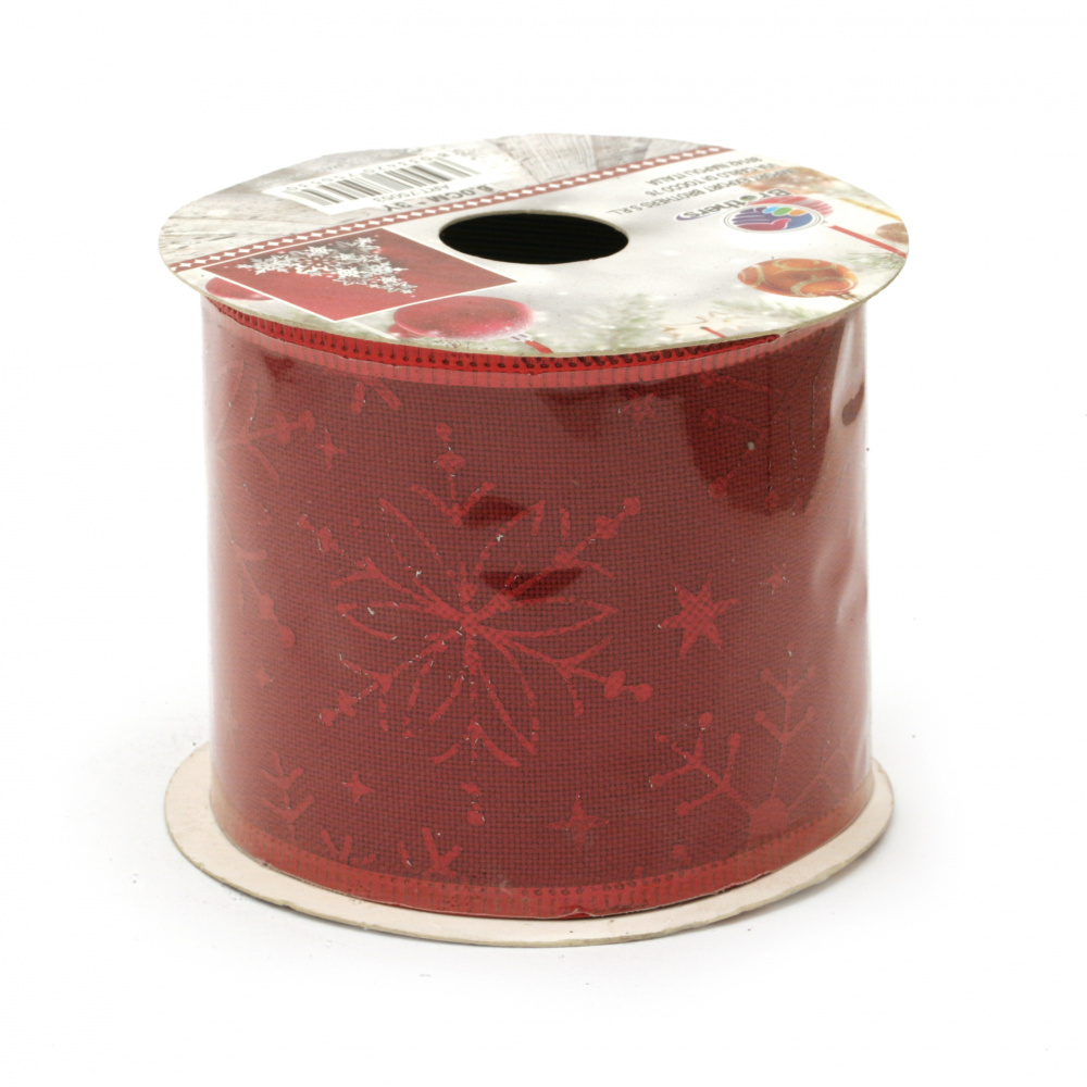 Panglică textilă 60 mm roșie cu margine din aluminiu și imprimeu cu motiv de Crăciun -2,7 metri