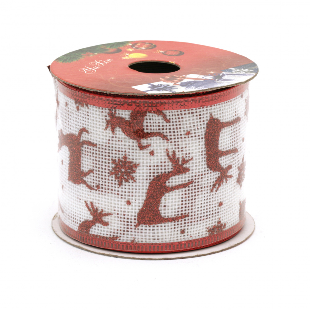 Burlap Ribbon 60 mm, White Color with Red Glittered Deer Printed Pattern - 2.7 meters
