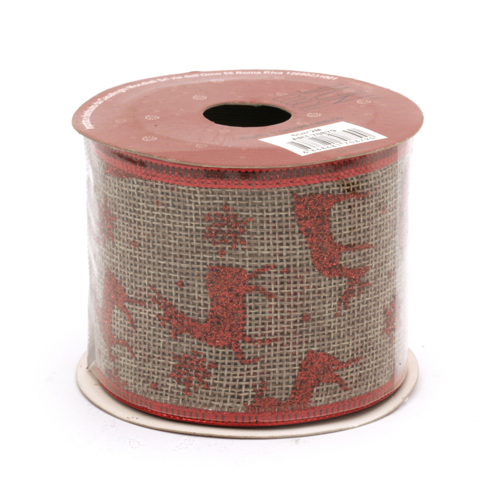Burlap Ribbon 60 mm, Natural Color, with Wired Edge & Red Glittered Deer Printed Pattern -2.7 meters