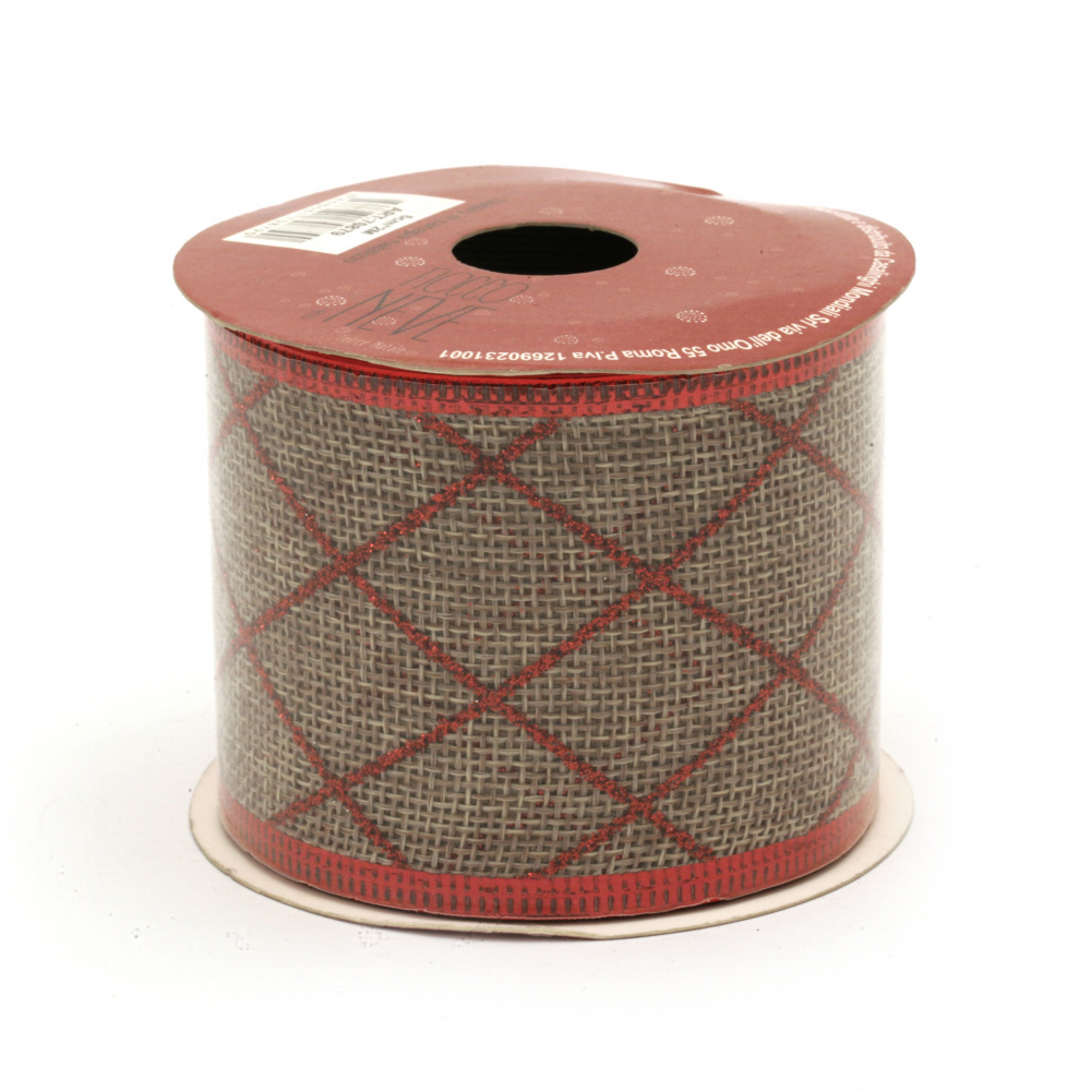 Bandă pânză de sac 60 mm culoare naturală cu margine din aluminiu cu imprimeu brocart roșu -2,7 metri