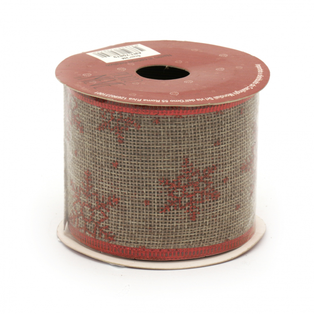 Burlap Ribbon 60 mm Natural Color, with Wired Edge & Red Glittered Snowflakes Pattern Print - 2.7 meters