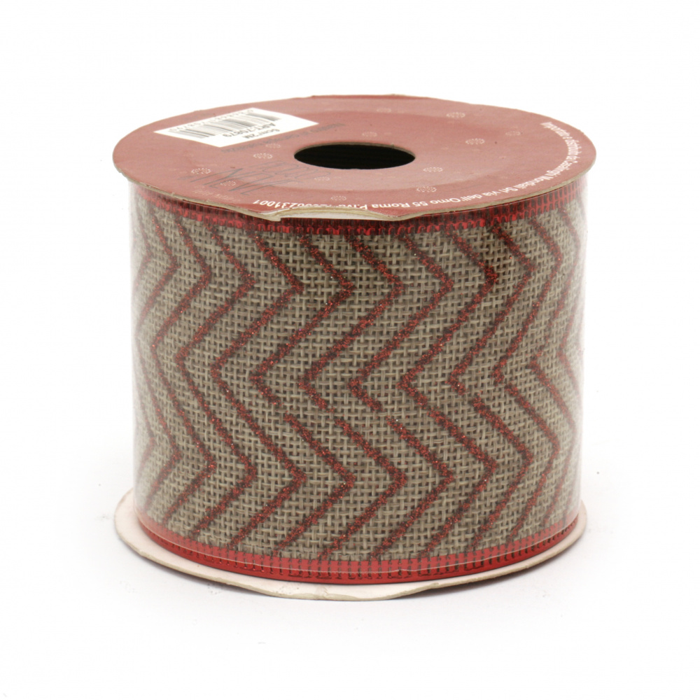 Burlap Ribbon 60 mm, Natural Color, with Wired Edge & Red Glittered Zig Zag Printed Pattern -2.7 meters