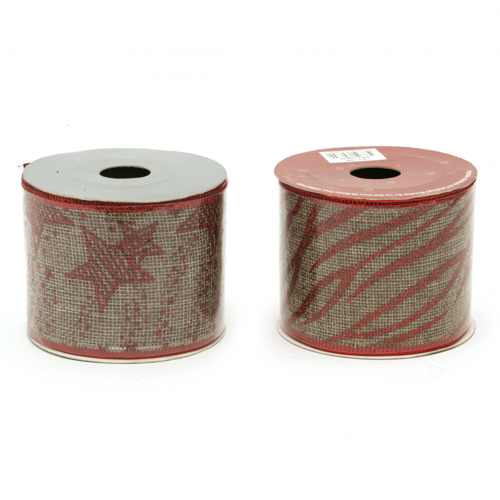 Burlap Ribbon 60 mm, Natural Color, with Wired Edge and Red Glittered Printed Patterns, ASSORTED -2.7 meters