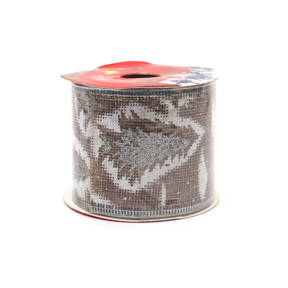 Burlap Ribbon 60 mm, Natural Color, with Wired Edge and Glittered Christmas Tree Print Pattern ~2.7 meters