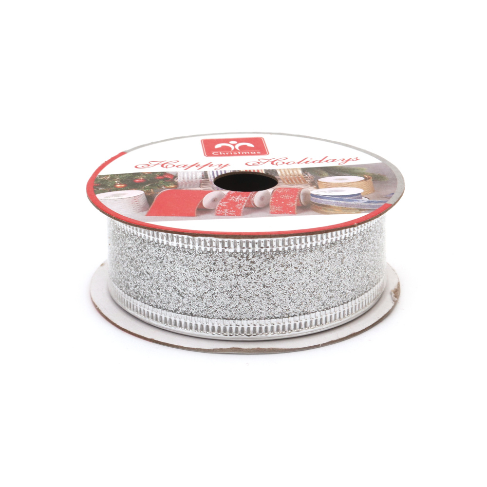Christmas Organza Ribbon with Aluminum Edging and Glitter / Silver color  / 25 mm / ~2.70 meters