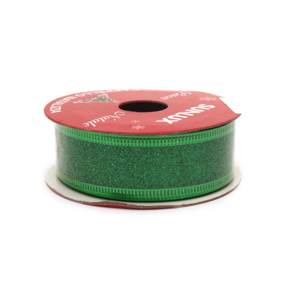 Christmas Organza Ribbon with Aluminum Edging and Glitter / Green color  / 25 mm / ~2.70 meters
