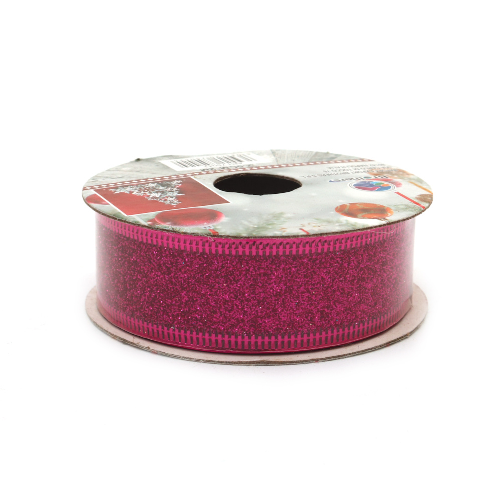 Christmas Organza Ribbon with Aluminum Edging and Glitter / Cyclamen color  / 25 mm / ~2.70 meters
