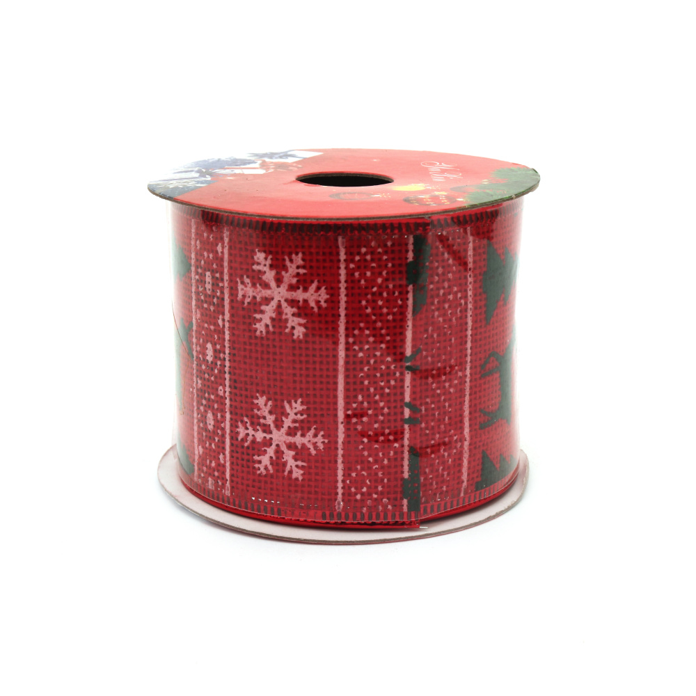 Burlap Ribbon 60 mm, Color Red, with Wired Edge & Red Glitter Deer Print  Pattern ~2.7 meters