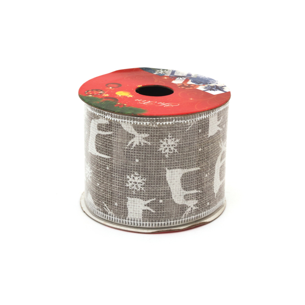Burlap Ribbon 60 mm Color Gray with aluminum edging and white Christmas print ~2.7 meters
