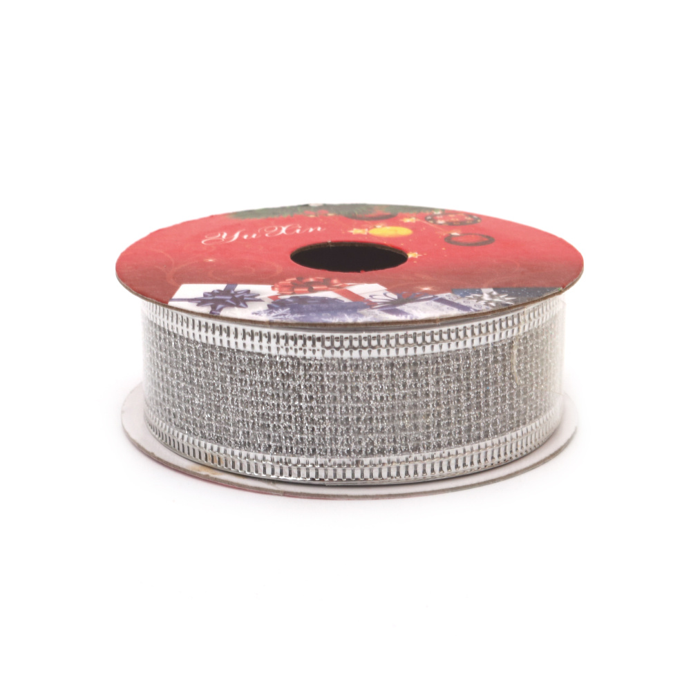 Christmas Mesh Ribbon with Aluminum Edging / 25 mm / Silver ~ 2.70 meters