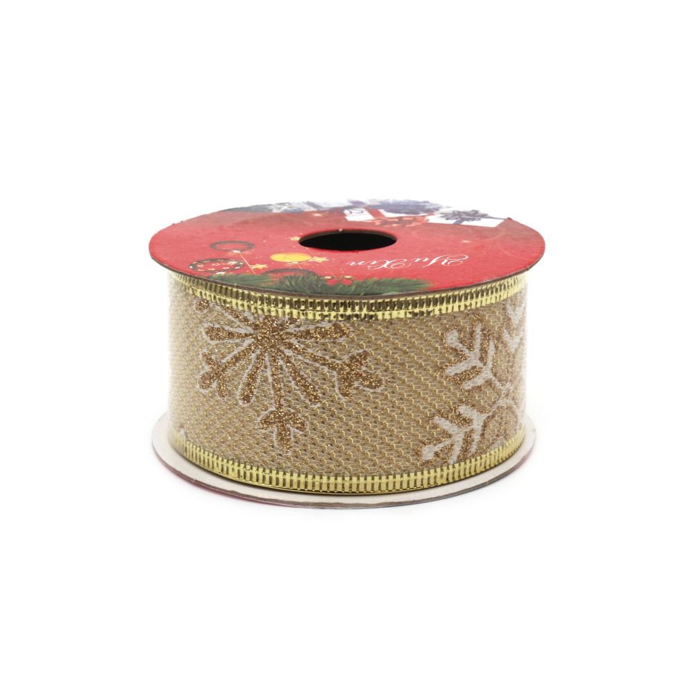 Mesh Ribbon with Aluminum Edging and Christmas Print / 38 mm / Color: Gold ~ 2.70 meters