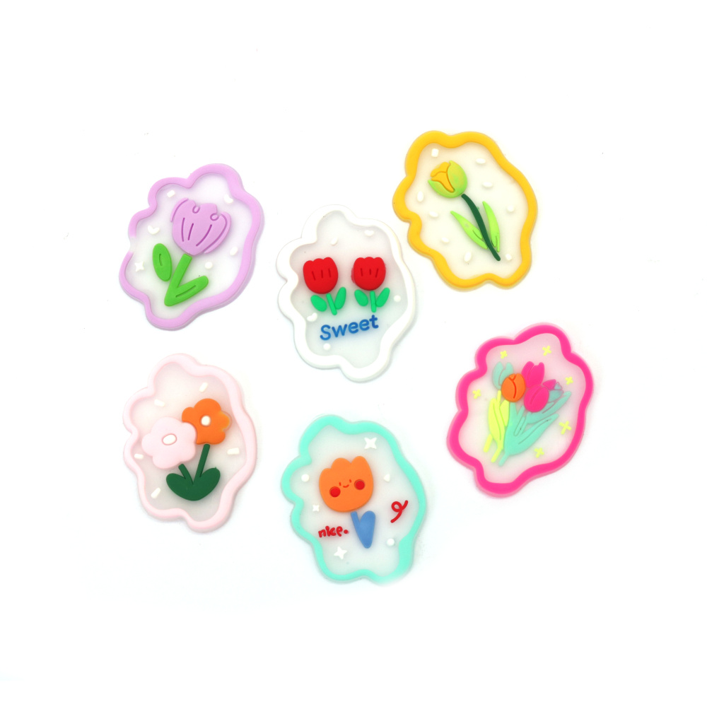 Rubber Figures, 30x40x3 mm, Assorted Flowers, MIX Colors - 10 Pieces