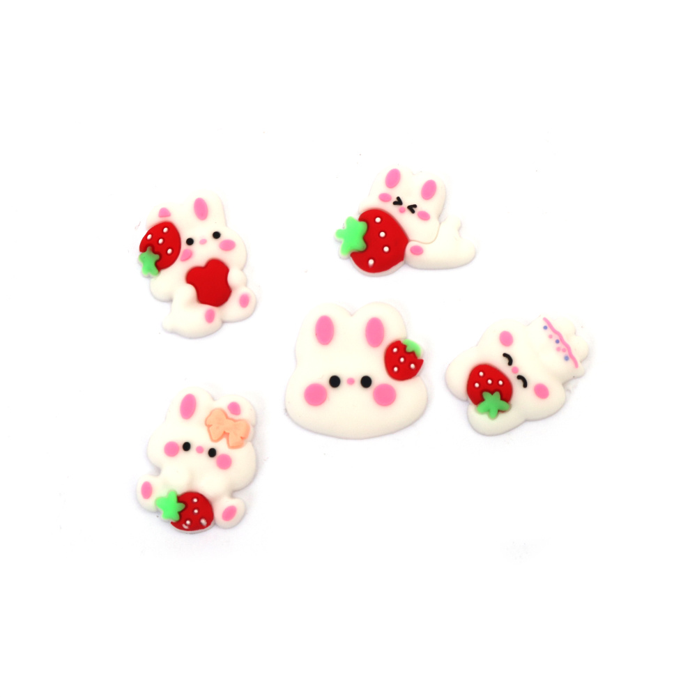 Rubber Figures, 20~26x21~27x4.5~5 mm, Assorted Bunny with Strawberry, White and Red Colors - 10 Pieces